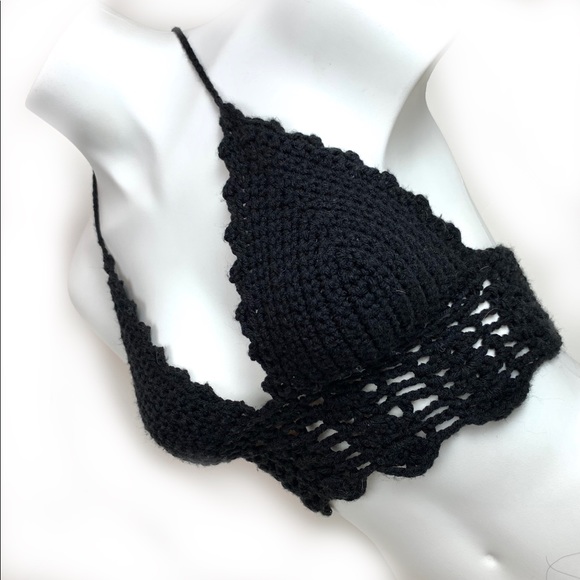 Tops - VINTAGE Black Crocheted Knit Halter Crop Top